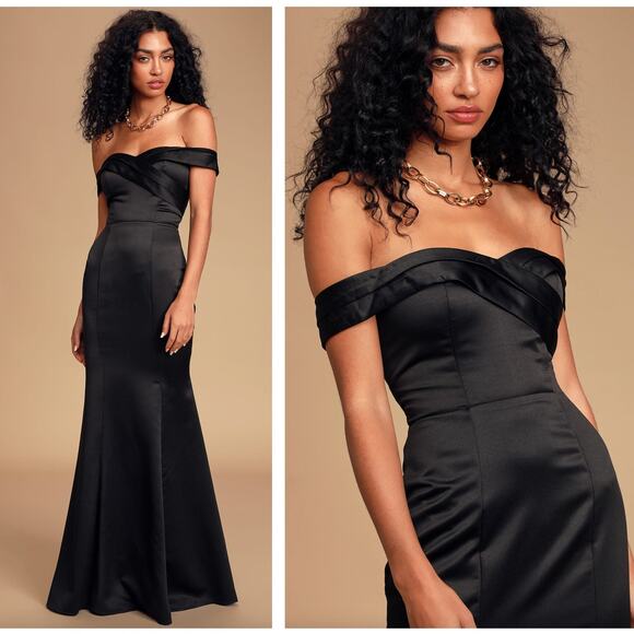 LULUS Adored Forever Black Satin Off-the-Shoulder Maxi Dress {PP36} - Picture 1 of 2